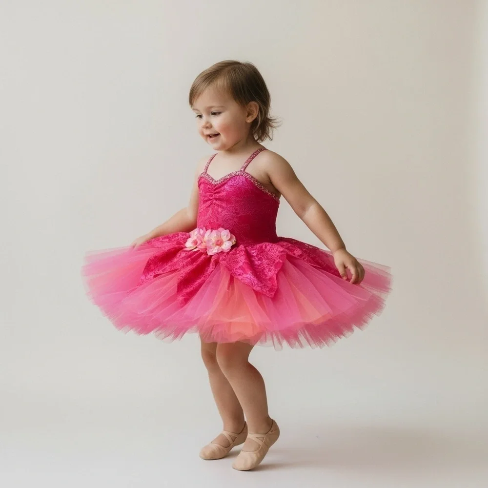 Girls Beautiful pink fairy floral dress dance costume / tutu